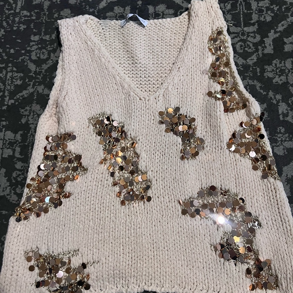 Cream Knit Vest with Gold Sequins